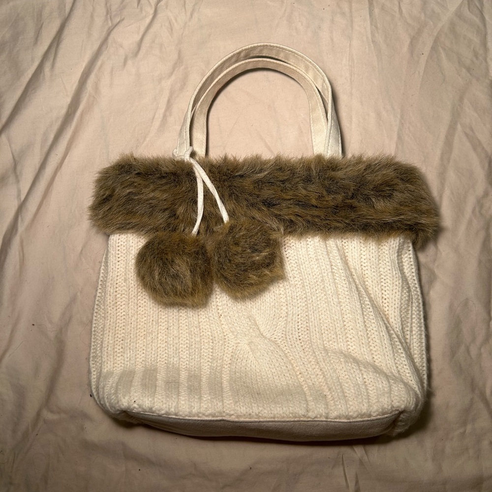 Elegant White and Brown Fur-Trimmed Tote Bag
